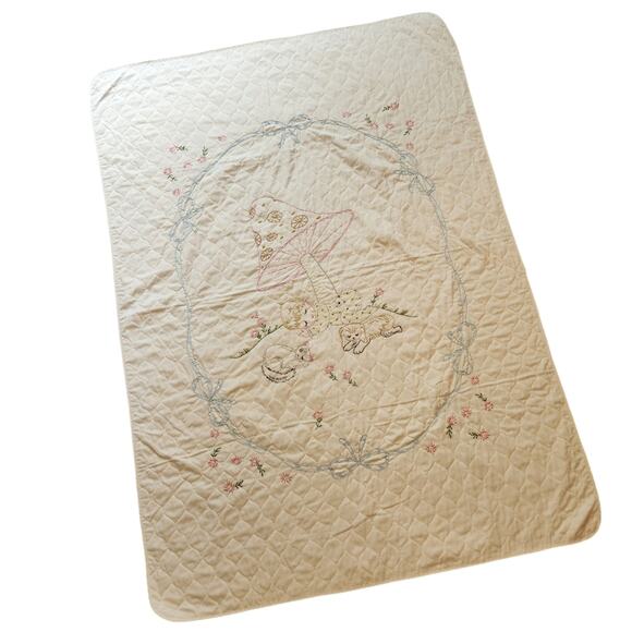 Cottagecore embroidered baby blanket mushroom cat dog flowers - Picture 3 of 12